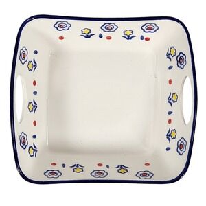 VTG Polish Pottery Handpainted Floral Folk Art 8" X 7" Serving Dish w/Handles